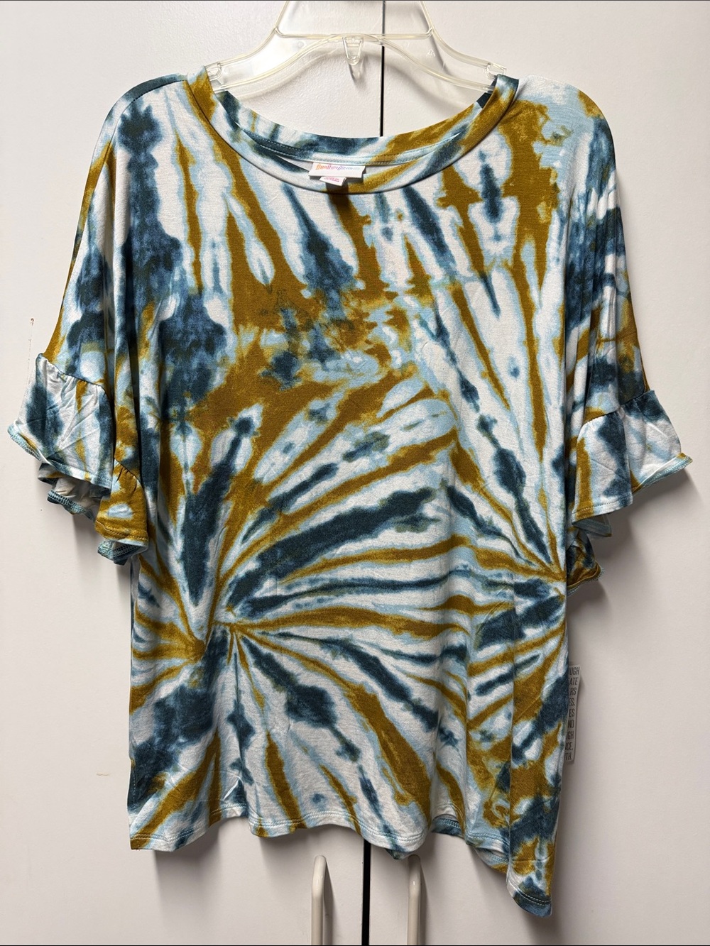 Lularoe Dahl Tie-Dye Ruffle Sleeve Top in Teal & Mustard